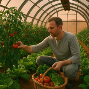 A human picking vegetables under LED lights inside a greenhouse on Mars